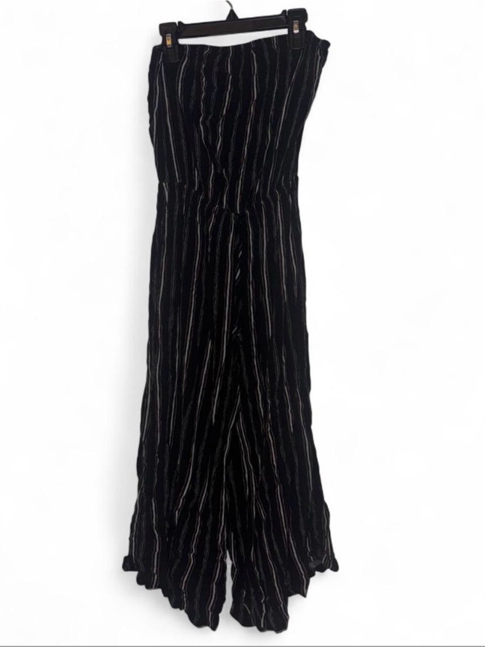 Mimi Chica Black Strapless Wide-Leg Jumpsuit with Thin White Stripe